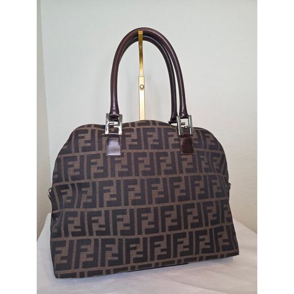 Fendi Handbags - Fendi Zucca Canvas Brown Leather Trim Satchel Bag Silver Hardware Tote Vintage